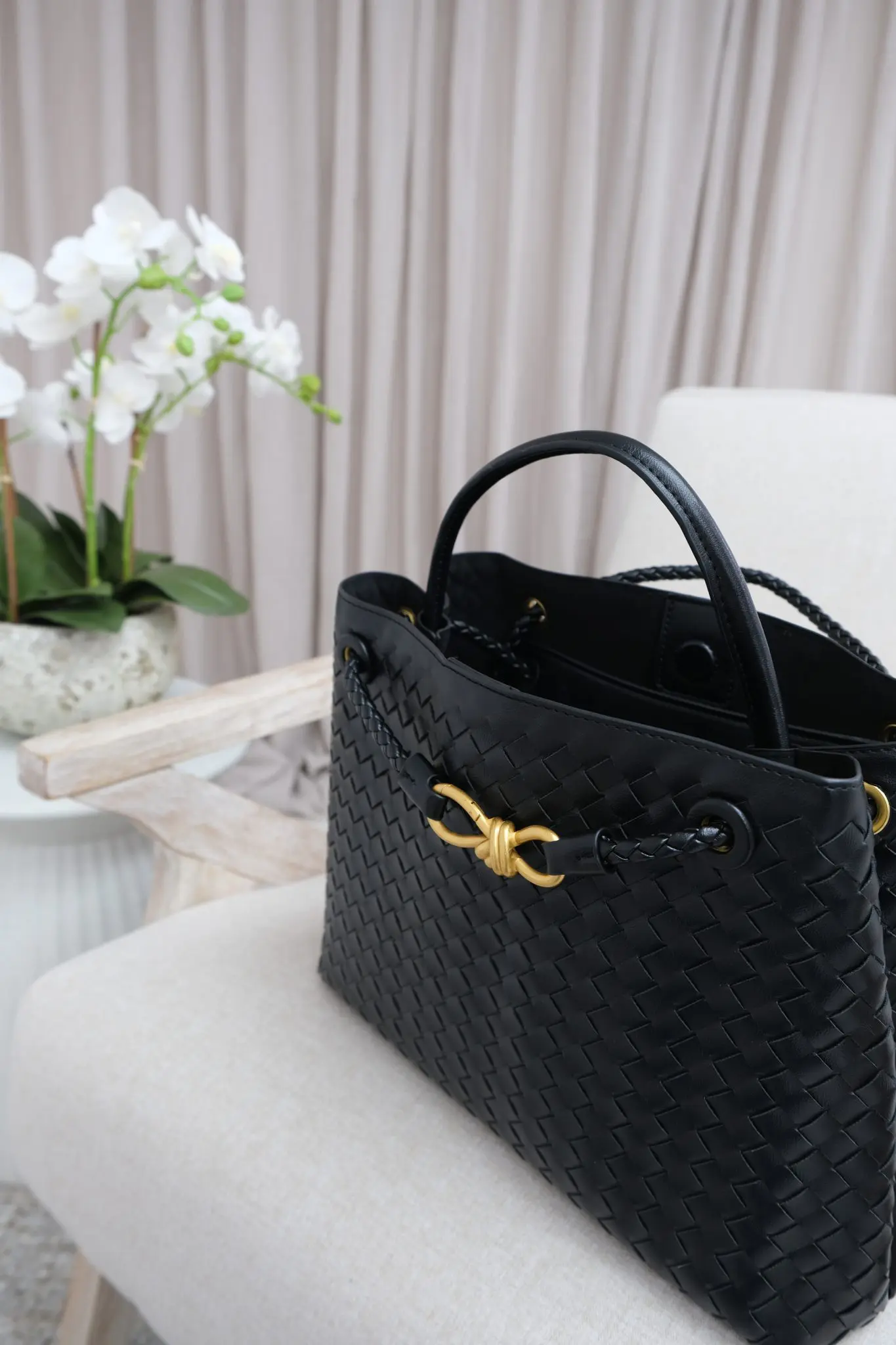 Pippa Black Large Woven Bag with gold hardware product image Pippa Black Large Woven Bag with gold hardware produ